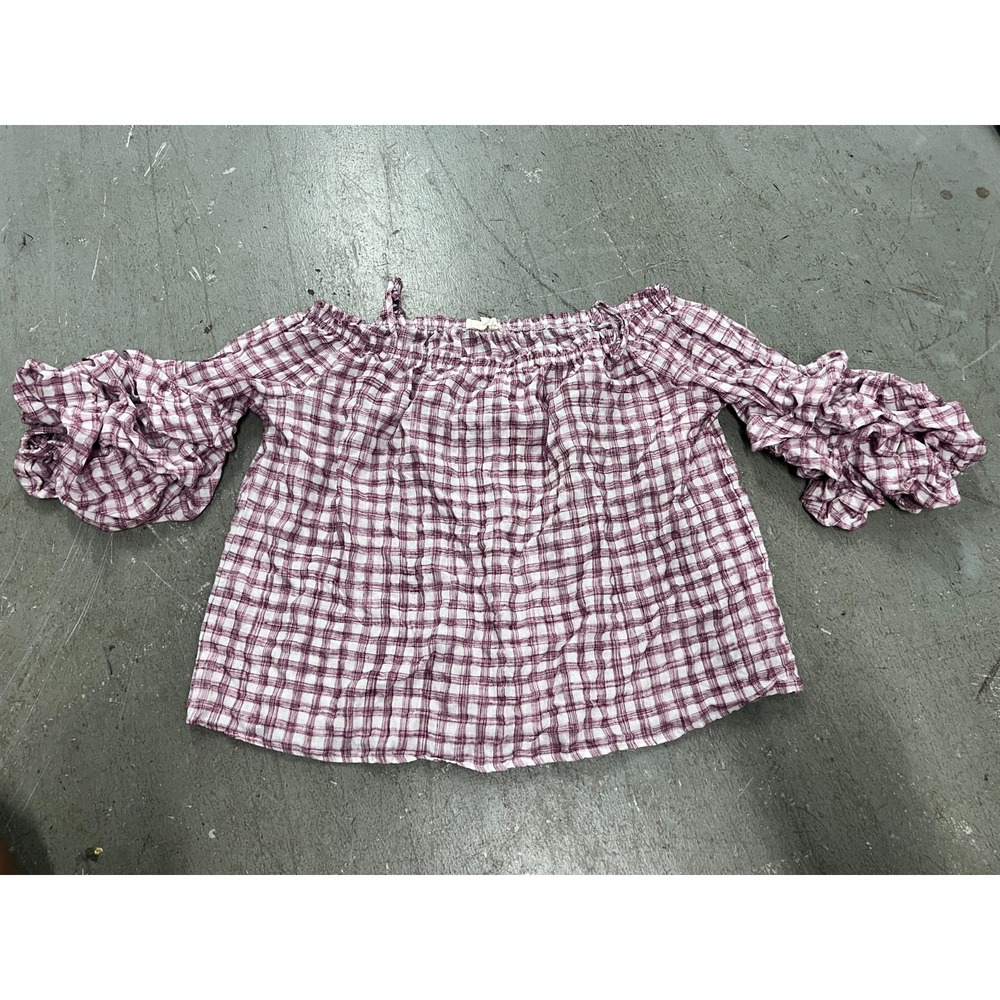 Entro Blouse Top Womens Large Berry White Plaid Ruffle Off Shoulder‎ Casual Chic